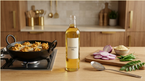 A modern Indian kitchen showing a kadai with lightly foaming cooking oil while frying pakoras beside a premium glass bottle labeled "COOKING OIL" on a wooden countertop.