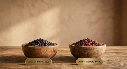 Black and brown mustard seeds displayed in traditional wooden bowls with labels, showcasing the two primary mustard seed varieties used in Indian cooking and mustard oil production.