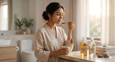 Morning oil pulling routine with sesame oil and coconut oil in a modern settings