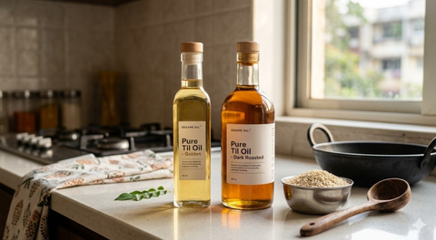 Different types of sesame oil including light sesame oil, toasted sesame oil and cold pressed til oil for cooking