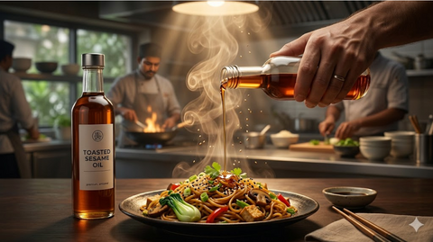 A few drops of toasted sesame oil being added to a warm dish, releasing rich aroma and enhancing flavor