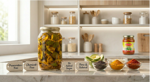Homemade aam ka achaar with mustard oil showing natural preservation method
