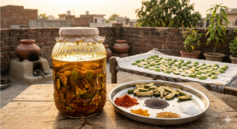 Sun-drying raw mango pieces for homemade mango pickle preservation