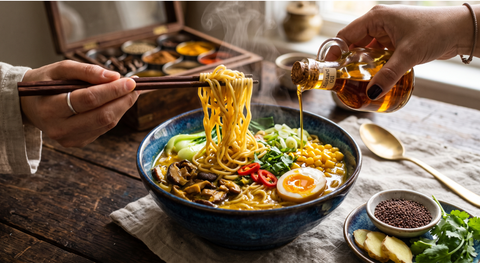 A steaming bowl of ramen finished with a drizzle of mustard oil, spring onions, mushrooms, and soft-boiled egg.