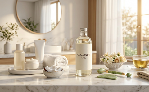 A premium glass bottle labeled "COCONUT OIL" placed on a bright marble vanity beside a jade roller, folded towel, cleanser, moisturizer, sunscreen, and fresh coconut pieces, representing a simple morning depuffing skincare routine.
