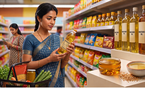A sealed bottle of pure mustard oil beside mustard seeds with a consumer checking the product label.