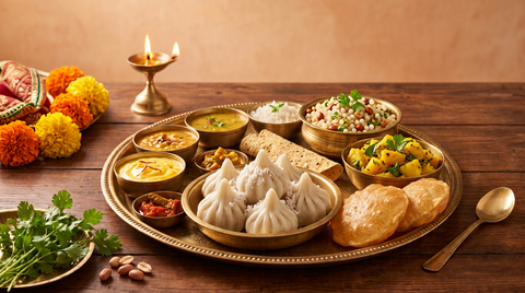 Traditional Ganesh Chaturthi festive spread featuring modak, puri, sabudana khichdi, and Indian cooking oils.